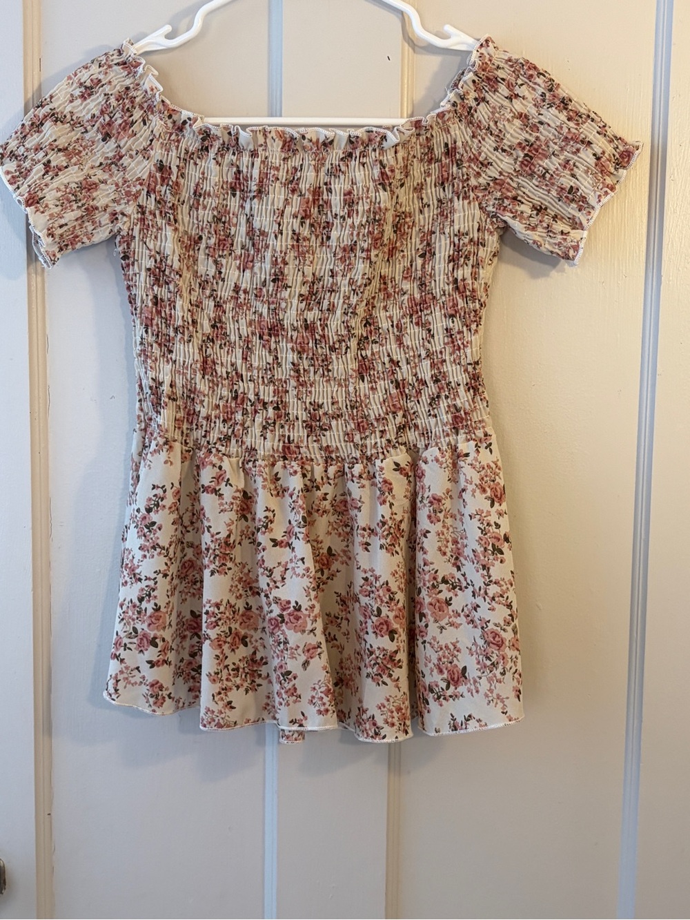Cream Floral Smocked Off-Shoulder Dress with Dusty Rose Flowers